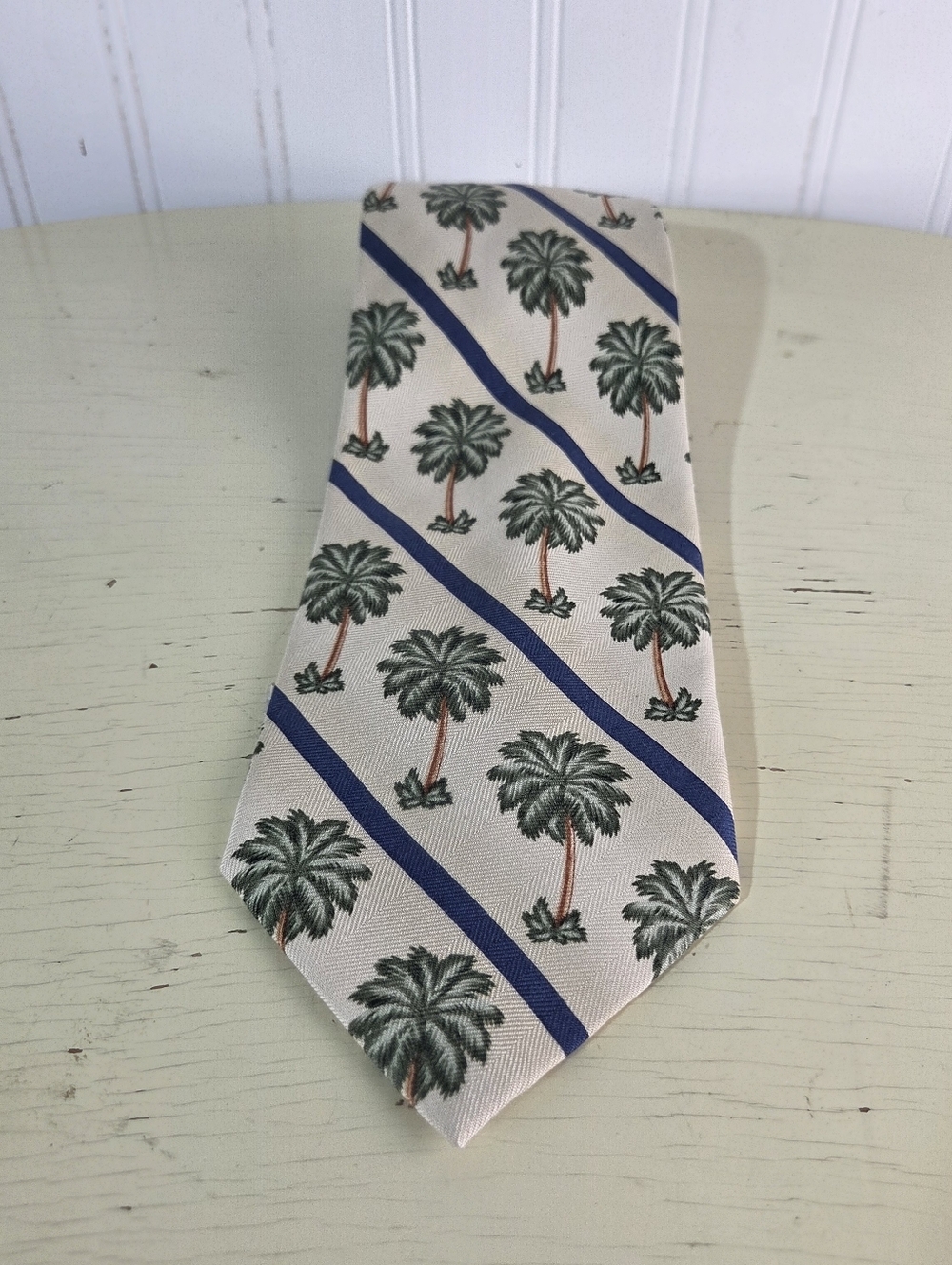 Tommy Bahama 100% Silk Tie Palm Tree Tropical Beige Blue Striped Mens Necktie